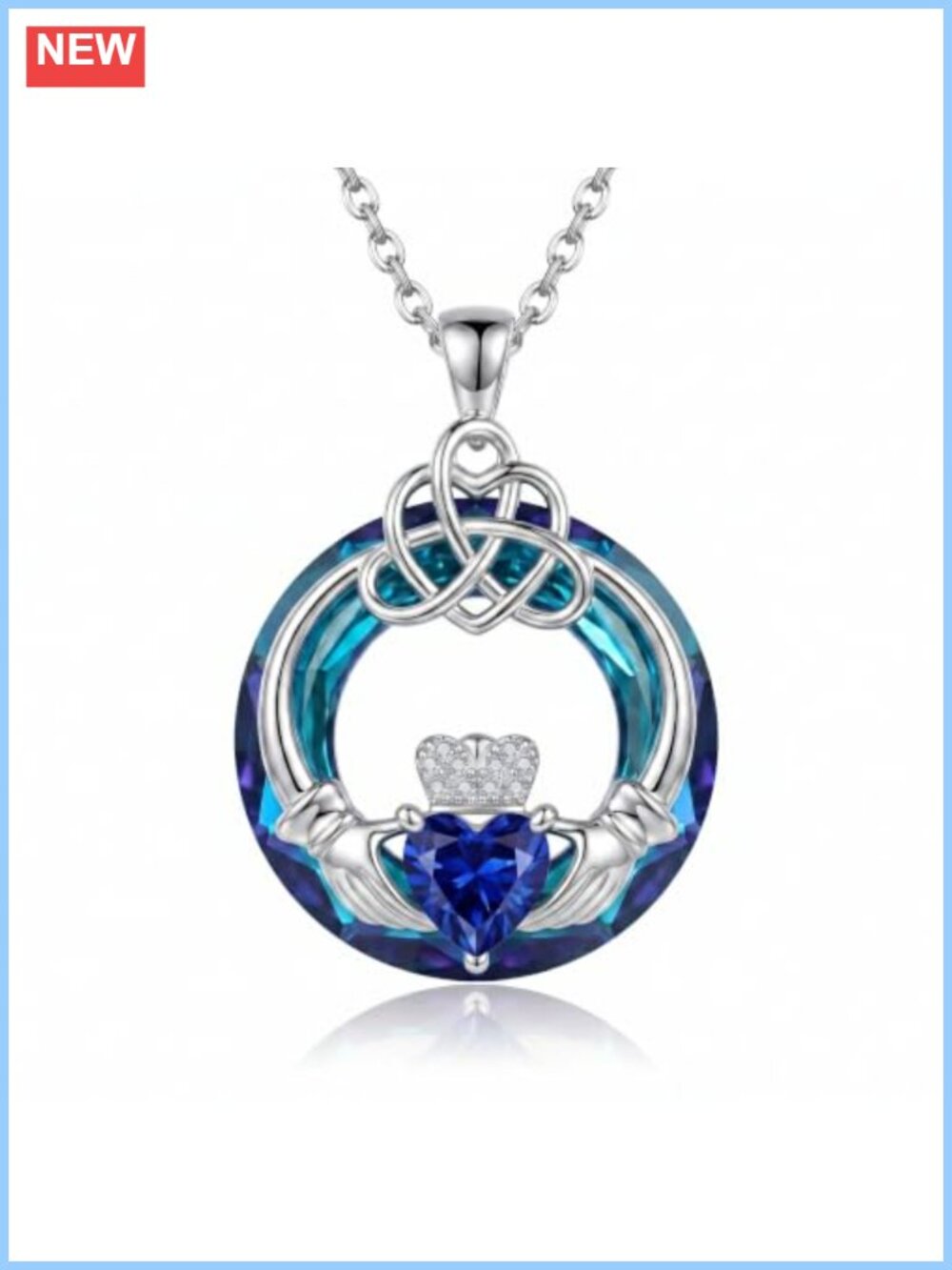 Claddagh Celtic Knot Heart Birthstone Pendant Necklace 18K White Gold Plated